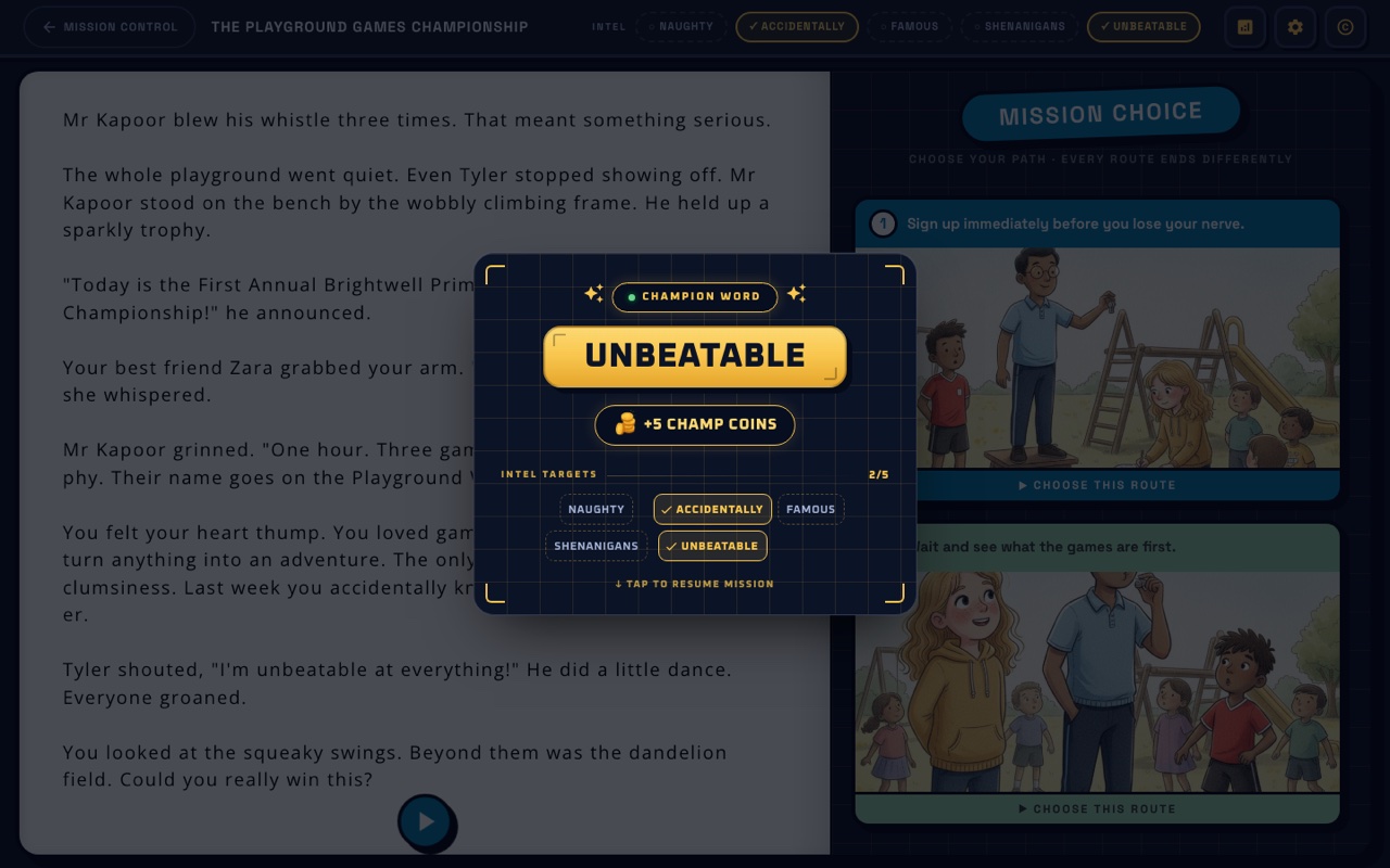 A Champion Word discovery - 'unbeatable' found in the text, banking +5 Champ Coins on the intel tracker
