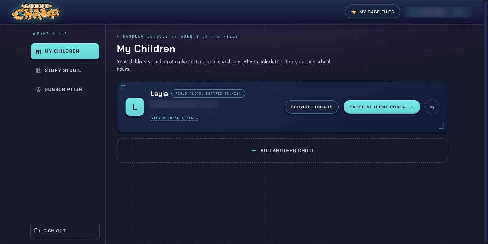 The parent dashboard - your linked child with Browse Library, Enter Student Portal and a reading-stats view