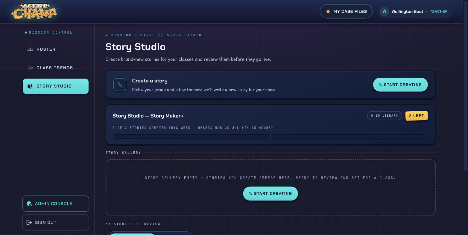 Story Studio - pick a year group, genre, voice and themes to generate a branching story