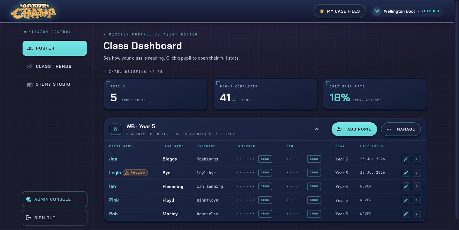 The class dashboard - a Year 5 roster with pupil logins, PINs and one-click parent letters